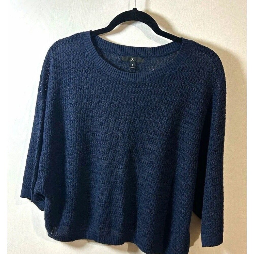 BR Navy Linen/Viscose Open-Knit L Pullover Sweater Round Neck 3/4 Sleeve
